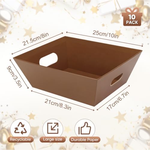 10PACK Brown Baskets For Gifts Empty, 10 x 8” Thick Gift Basket with 10 Clear Bags and Pull Bows, Cardboard Gifts Baskets Trays with Handles for Christmas, Thanksgiving, Wedding, Birthday - Brown - Image 2