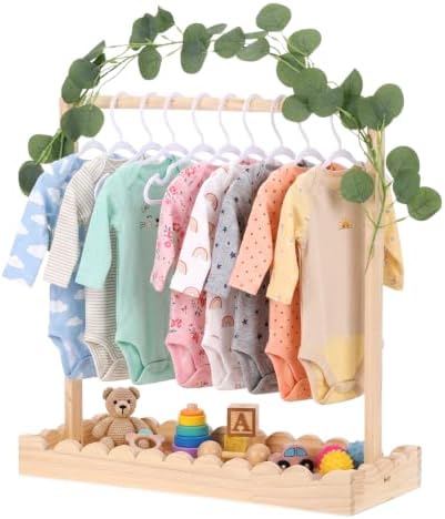 Rainmae Wooden Baby Clothing Rack for Toddler, Baby Shower Crate Closet, Baby Shower Basket with Hanger Rack, Hangers, Ivy Garland Decor, Newborn Gifts Basket for Pets Boys Girls Welcome Present by Rainmae