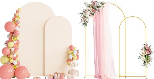 Wokceer Wedding Arch Backdrop Stand and Cover Set of 2,Arch and Beige Cover by Wokceer