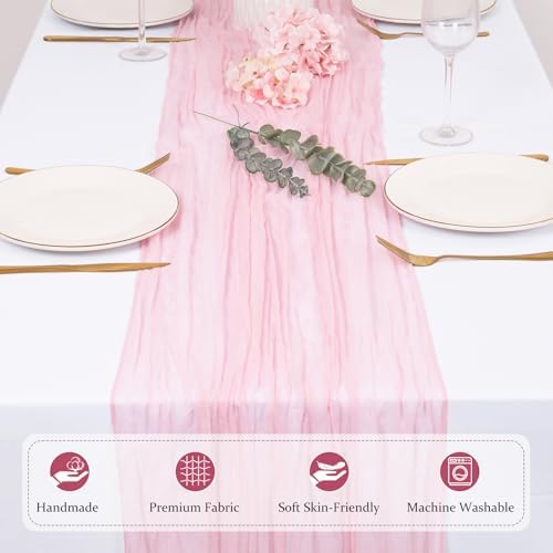 12 Pack Light Pink Cheesecloth Table Runners 21x120 Inch Boho Gauze Table Runner 10FT Long Rustic Sheer Pink Table Runner for Baby Shower,Wedding,Party,Birthday,Home Table Decor - Image 3