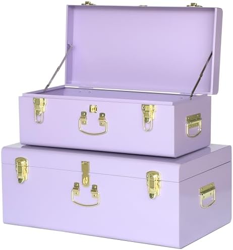 Vixdonos Storage Trunk Chest Decorative Large Metal Box Set of 2 College Dorm Organizer with Hardware Hasps and Handle for Home Deocr,23.7X14.2X9.5 Inches by Vixdonos