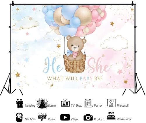 8x6ft Gender Reveal Backdrop He or She Pink or Blue Balloons Photography Background Boy or Girl Baby Bear Gender Reveal Party Banner Decorations Supplies Photo Booth Props - Image 2