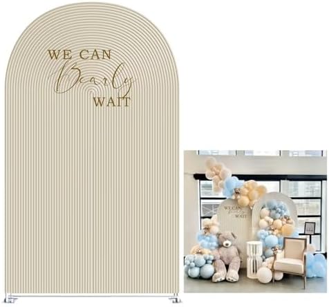 Beige Pipples Arch Backdrop Covers for Birthday Party We Can Bearly Wait Arched Background Stand Fabric Cover Baby Shower Parties Decoration Props (2.6x6FT) by KONPON