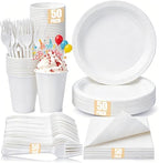 200pcs White Plastic Plates Party Supplies, Disposable 9’’ Dinner Plates and Napkins, Cups & Cutlery Dinnerware Set for Birthday, Wedding, Bridal Shower, Baby Shower Decorations, Serves 50 Guests by UseOnceDoneRight