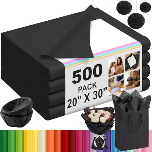 500 Sheets Black Tissue Paper Bulk 20 x 30 Inch for Halloween Packing by Qilery
