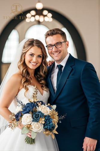 TINGE TIME Navy Blue Artificial Flowers Combo, Rose Dahlia Wedding Decor - Image 5