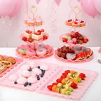 FoldTier 6 Pack Cupcake Stand Set 3 Pcs 3 Tier Gradient Dessert Table Display Stands Cookie Tray Rack 3 X14 in Rectangle Party Trays for Wedding Birthday Tea Party Baby Shower (Pink,Round) - Image 5
