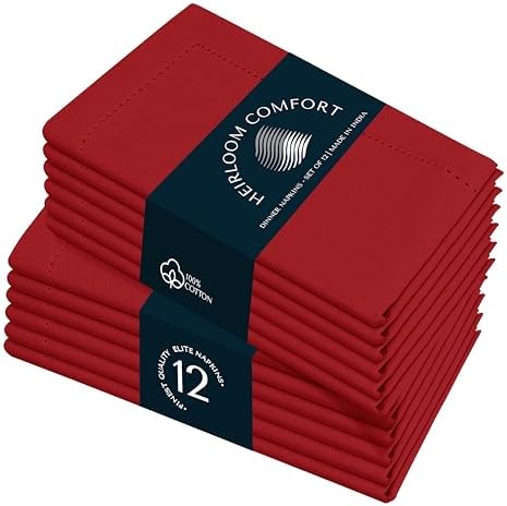 Red Cloth Napkins 18x18 Inch - Set of 12-100% Cotton, Soft, Absorbent, Reusable, Washable - Elegant Hemstitch Mitered Edges - Ideal for Dinner, Parties, Events, Everyday Use by HEIRLOOMCOMFORT