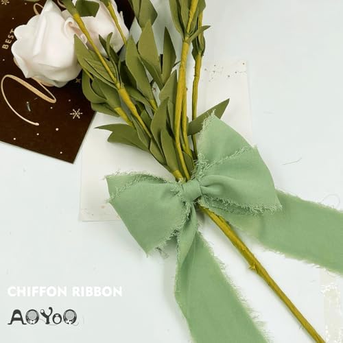 9 Rolls Sage Green Handmade Chiffon Ribbon, 1.5" x 63Yd Frayed Fringe Silk Ribbons for Wedding Invitations, Bridal Bouquets,Baby Show Gifts Wrapping, Decorations - Image 2