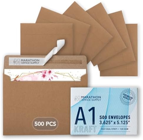 MOS Kraft RSVP Envelopes A1 4Bar (3.625 x 5.125 Inch) 500 Pack, Self-Seal Heavyweight Brown Envelopes for 3.5 x 5 Cards, Thank You Notes, Gift Cards, Rustic Wedding Response Cards by Marathon+Office+Supply