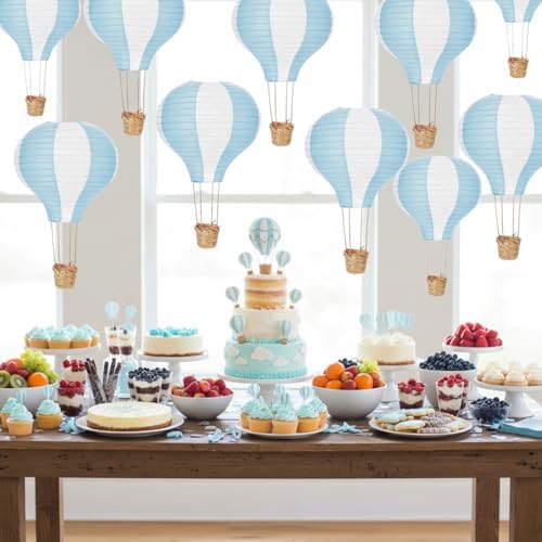 Meooeck 10 Pcs Hanging Hot Air Balloon Decorations Paper Lanterns 12 Inch Reusable Hot Air Balloon Decor Paper Lanterns Set for DIY Craft Wedding Birthday Christmas Home Living Room (Blue White) - Image 4