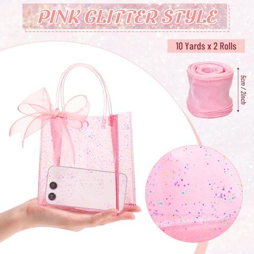 Sayglossy 50 Pcs Clear Pink Gift Bags with Handles 6.1 x 5.9 x 2.8 Inch Wedding Transparent Glitter Tote with Ribbons Reusable PVC Gift Wrap Bags for Baby Bridal Shower Birthday Party - Image 4