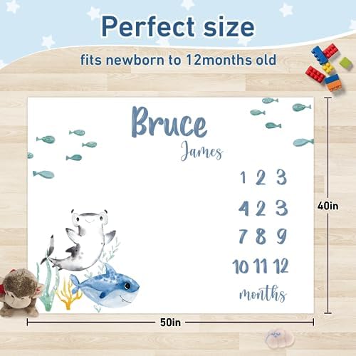 Custom Name Baby Milestone Blanket - Baby Milestone Monthly Blanket with Double Sided for Boy Girl Baby Photography Props - Blue Shark Print Gifts for Kids Infant (FixedSize) - Image 3