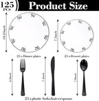 125PCS Black Bow Plastic Plates - White and Black Disposable Plates - Image 3