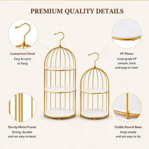 Gold Bird Cage Cupcake Stand Set, 2-Piece 3-Tier and 2-Tier Acrylic Dessert Display Trays, Metal Serving Stands for Wedding, Birthday, Baby Shower, Tea Party and Buffet Table Decor - Image 5
