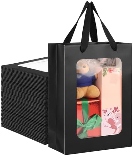 EUSOAR Black Clear Transparent Paper Gift Bags With Handles, 50pcs 7.8"x3.9"x11" - Treat Thank You Shopping Bags With Window for Wedding, Bridal Party Favor, Baby Shower by EUSOAR
