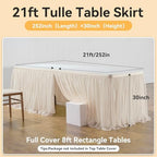 252in Champagne Gold Tulle Table Skirts for Rectangle Tables 8ft, 2-Layer Beige Ruffle Tulle Tutu Cloth Table Skirt 21ft for Wedding Party Birthday Baby Shower Cake Dessert(No Table Cover) - Image 5