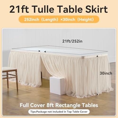 252in Champagne Gold Tulle Table Skirts for Rectangle Tables 8ft, 2-Layer Beige Ruffle Tulle Tutu Cloth Table Skirt 21ft for Wedding Party Birthday Baby Shower Cake Dessert(No Table Cover) - Image 5
