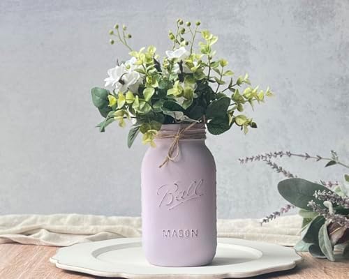 Set of 5 - Lavender Mason Jar with Flowers – 32 oz Light Purple Baby Shower Centerpiece – Rustic Mason Jar Vase – Lilac Floral Decor for Girl Baby Showers (5 Lavender w/Greenery/Ivory) - Image 2