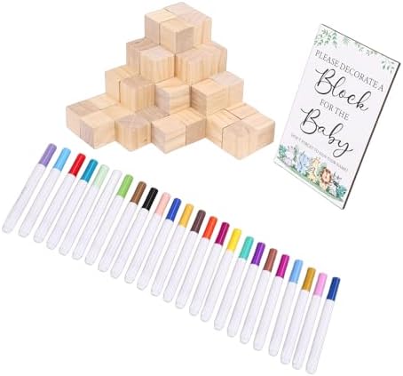 Dpofirs 75 Pcs Baby Shower Game Sign Kit | Wood Blocks to Decorate with 24 Acrylic Paint Pens for Gender Reveal Interactive Fun (Baby Shower Games Gift Kit) - Image 5