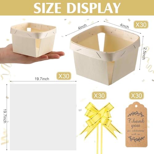 Pinkunn 30 Set Wooden Gift Baskets, with Clear Wrap Paper Bow Rope, 4'' - Image 3