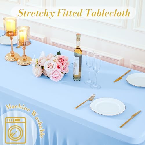 gogoparti 8 Pack Spandex Baby Blue Fitted Table Cloth for 6ft Rectangle Tables Light Blue Stretch Tablecloth Banquet Table Covers Wrinkle Free Tablecloths for Parties Wedding - Image 7