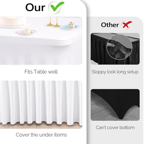 Wish Care 2 Pack White Spandex Table Clothes for 4 Foot Rectangle Tables, 4FT Wrinkle Free Fitted Tablecloths Ruffles Design Table Cover for Party, Banquet, Wedding and Events - Image 3