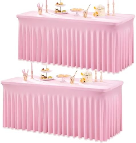 2Pack Baby Pink Spandex Table Clothes for 6 Foot Rectangle Tables, Wrinkle Free Fitted Tablecloths 6ft Stretchy Light Pink Tablecovers Desk Skirt for Parties Weddings Birthday Banquet Baby Shower by Htper