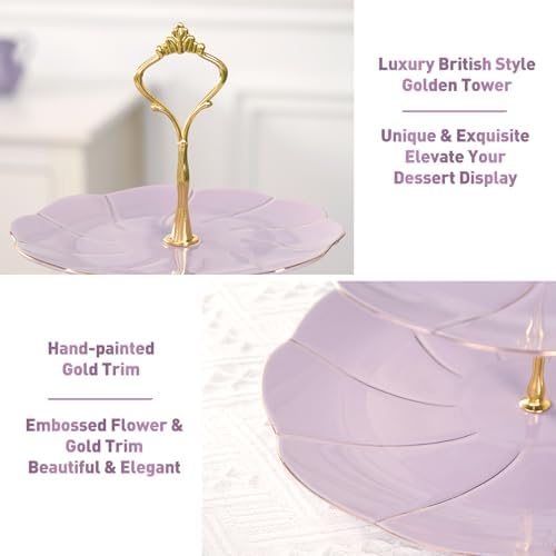 DUJUST Luxury Larger 3-Tier Cupcake Stand Tower, British Style Porcelain Serving Tray with Golden Trim, Food Grade Dessert Display Stand for Tea Party & Home Décor - 45% Purple Larger Plates - Image 3