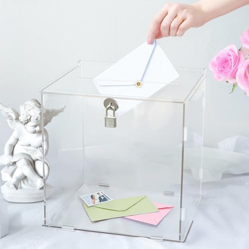 Pure Clear Acrylic Card Box with Slot & Lock, DIY Large Wedding Card Boxes for Reception, Elegant Money Envelop Gift Cards Box for Party Wedding Birthday Baby Shower Graduation Table Decor by SOFARKKTPARTYCARDBOX