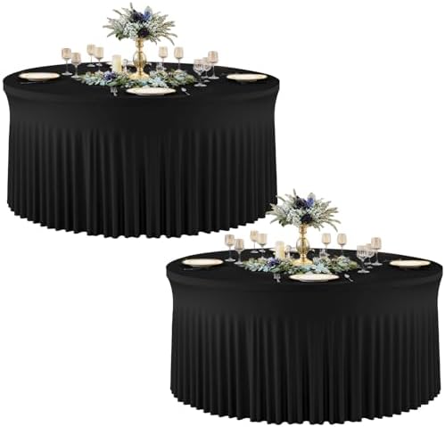 2 Pack Black Round Tablecloths, 60 Inch Spandex Stretchy Table Cloth with Skirt, Washable Fitted Tablecloth, Circle Wrinkle Free Table Cover for Wedding Party Birthday Outdoor Event by Torrowsrort