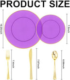 YOUBET 125PCS Purple Plastic Plates with Gold Rim for Party Wedding - Image 2