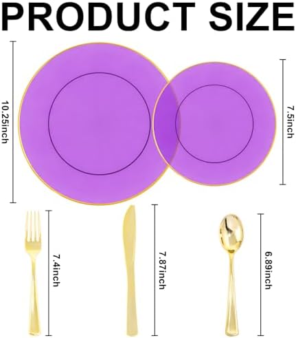 YOUBET 125PCS Purple Plastic Plates with Gold Rim for Party Wedding - Image 2