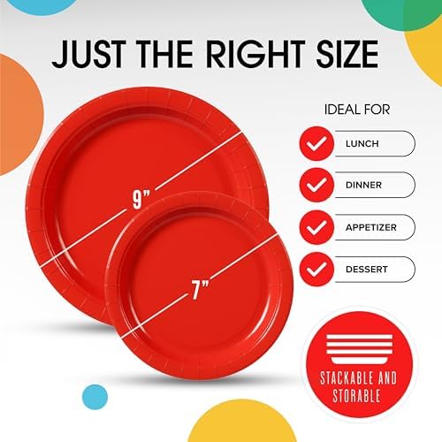 Party Solids Exquisite Red Paper Plates Disposable Heavy Duty 200 Pcs - 100-7" & 100-9" Red Disposable Plates For Party Heavy Duty 350 GSM For Birthday Supplies - Image 3