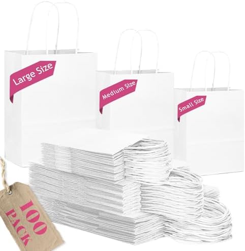 qiqee 100-Packs White Paper Gift Bags with Handles Assorted Sizes(33pcs Large 13", 33pcs Medium 11", 34pcs Small 8") by Qiqee