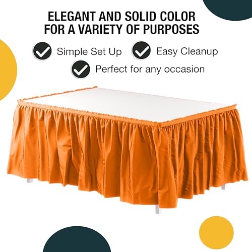 Exquisite Orange Table Skirt 12 Pack - Disposable Plastic Table Skirts for Rectangle Tables 6ft 8ft & Round Tables - 29in x 14ft Self-Adhesive Strip - Birthday Wedding Gender Reveal Decor - Image 2