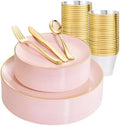 WDF 150Pcs Pink Plates Disposable - Pink and Gold Plastic Plates 25guest Disposable Dinnerware Include 25 Dinner Plate, 25 Dessert Plate, 25 Cutlery & 25 9oz Cups for Baby Shower/Wedding/Summer Party by WDF