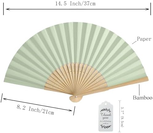 50pcs Paper Hand Fan with Organza Bags,Thank You Tag(Light green) - Image 3