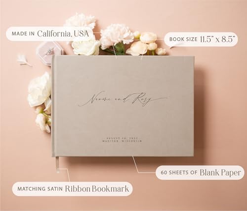 MUUJEE Personalized Guestbook in Taupe - Premium Custom Modern Guest Book for Wedding Reception, Birthday Party or Events w/Bookmark Blank Pages for Signing 11.5 x 8.5 inches - Image 3