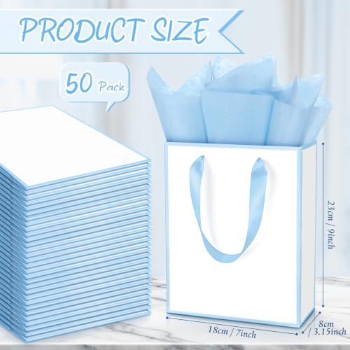 Yeaqee 50 Pcs Metallic Paepr Gift Bags Bulk with Handles,White, Blue - Image 2