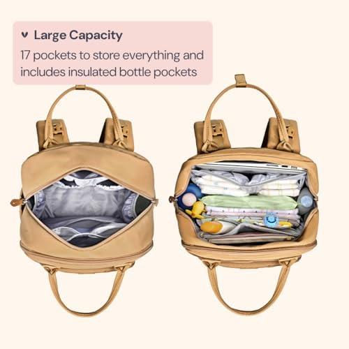 BabbleRoo Diaper Bag Backpack - Baby Essentials Travel Tote - Multi function Water Resistant Diaper Bag, Travel Essentials Baby Bag with Changing Pad, Stroller Straps & Pacifier Case - Unisex, Beige - Image 3
