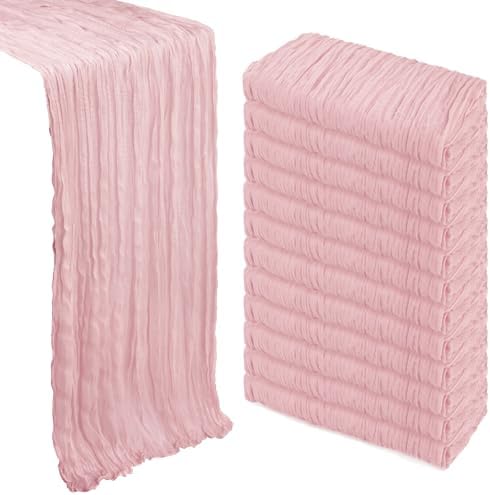 12 Pack Dusty Pink Table Runner Cheesecloth 10Ft Gauze Cheese Cloth Table Runner 35x120 Inch Boho Sheer Rustic Fabric for Holiday Party Decor Baby Shower Wedding Decorations by Heneger