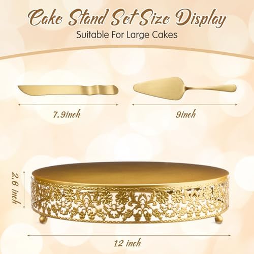 Wenqik 12 Inch Gold Metal Cake Stand with Knife Spatula Wedding - Image 2