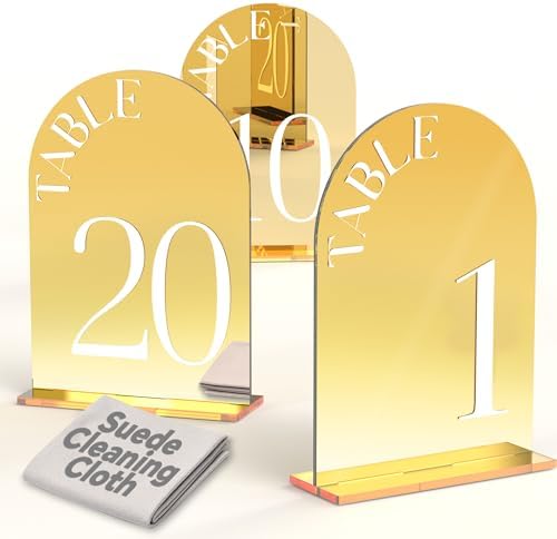 Mirror Arched Wedding Table Numbers 1-20 with Stands, 5"x7" Double-sided Letter, Acrylic Wedding Signs Centerpiece Decoration for Wedding Reception Party (Gold, Table Numbers 1-20) by Framokoko
