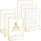 Floroom 6 Pack 8.5x11 Inch Clear Acrylic Sign Holders, Gold Border Double-Sided Vertical Picture Frames & Display Stands for Table Numbers, Photos, Menus, Flyers, Weddings, Parties & Events by Floroom