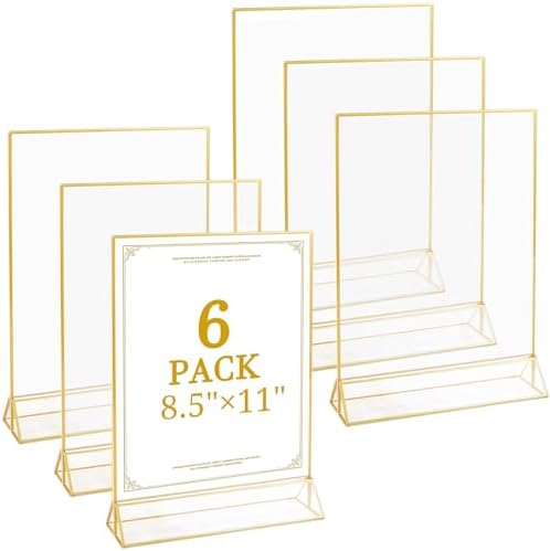 Floroom 6 Pack 8.5x11 Inch Clear Acrylic Sign Holders, Gold Border Double-Sided Vertical Picture Frames & Display Stands for Table Numbers, Photos, Menus, Flyers, Weddings, Parties & Events by Floroom
