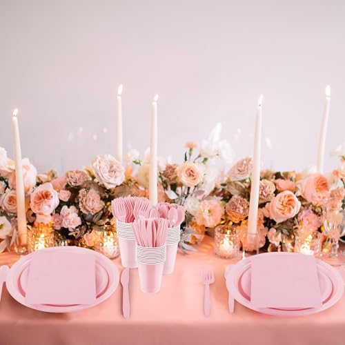Aodaer 400 Pieces Pink Party Supplies Disposable Dinnerware Set Include Plastic Plates Cups Knives Forks Spoons Paper Napkins for Birthday Wedding Graduation Parties, Serve 50 Guests - Image 6