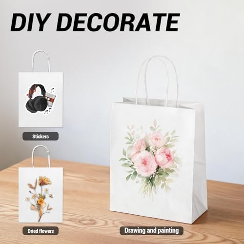 bagmad 100Pcs Pack 8x4.75x10 inch Medium White Kraft Paper Bags with Handles Bulk, Gift Bags, Craft Grocery Shopping Retail Birthday Party Favors Wedding Sacks Restaurant Takeout, Business (100) - Image 5