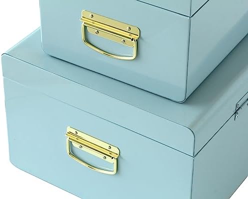 Vixdonos Metal Trunk Decorative Storage Box Set of 2 College Dorm Chest with Handle (Light Blue) - Image 3