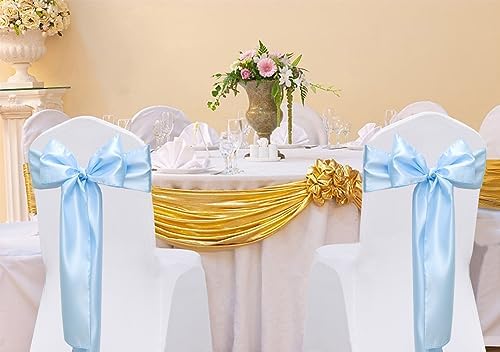 Pack of 50 Satin Baby Blue Chair Sashes Bows 7 X 108 Inch Universal Gold Chair Ribbons for Wedding Ceremony Party Banquet Event Chair Decorations - Baby Blue Chair Sashes 50 Pack - Image 3